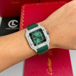 Đồng Hồ Cartier Santos Full Moissanite Green Dial WSSA0029 Miyota.9015 Steel Replica 1:1 – Top Quality Version