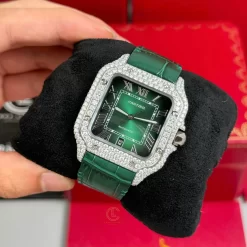 Đồng Hồ Cartier Santos Full Moissanite Green Dial WSSA0029 Miyota.9015 Steel Replica 1:1 – Top Quality Version