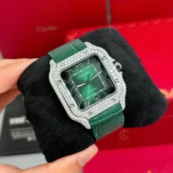 Đồng Hồ Cartier Santos Full Moissanite Green Dial WSSA0029 Miyota.9015 Steel Replica 1:1 – Top Quality Version
