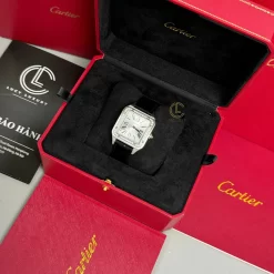 Đồng hồ Cartier Santos – Dumont  White Dial Benzel Swarovski 38mm x 27.5mm Steel Replica 1:1 – Top Quality Version