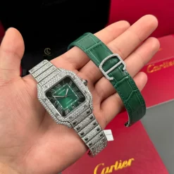 Cartier Santos 39.8mm Green Dial Full Moissanite Replica 1:1 – Top Quality Version