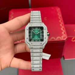 Cartier Santos 39.8mm Green Dial Full Moissanite Replica 1:1 – Top Quality Version