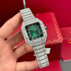 Cartier Santos 39.8mm Green Dial Full Moissanite Replica 1:1 – Top Quality Version