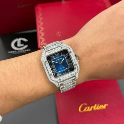 Cartier Santos De Cartier 39.8mm Green Dial Full Moissanite Replica 1:1 – Top Quality Version
