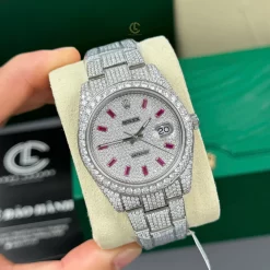 Rolex Datejust 41mm Cọc Số Ruby Tím Full Moissanite Hong Kong Replica 1:1 – Top Quality Version